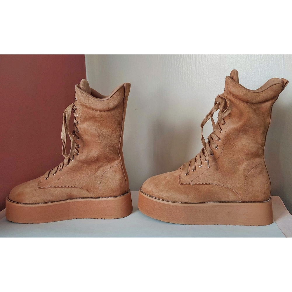 NEW - Ego Tan Lace Up Flatform Suede Boots - Picture 4 of 9